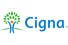 Cigna logo featuring stylized human figure with green leaves and blue text on white background.